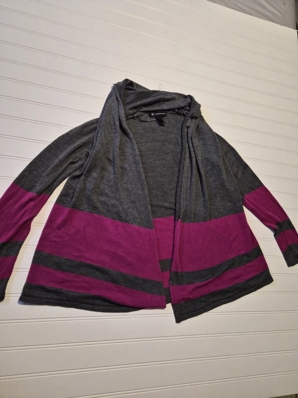 INC International Concepts Gray Cardigan with Fuchsia Stripe Trim